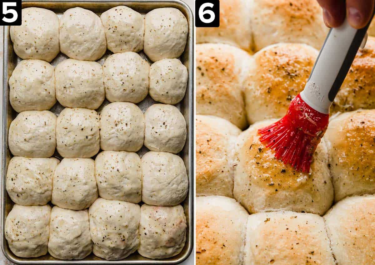 Two photos: left photo is a baking sheet filled with unbaked Pizza Rolls, right photo is a red pastry brush spreading melted butter overtop baked pizza rolls.