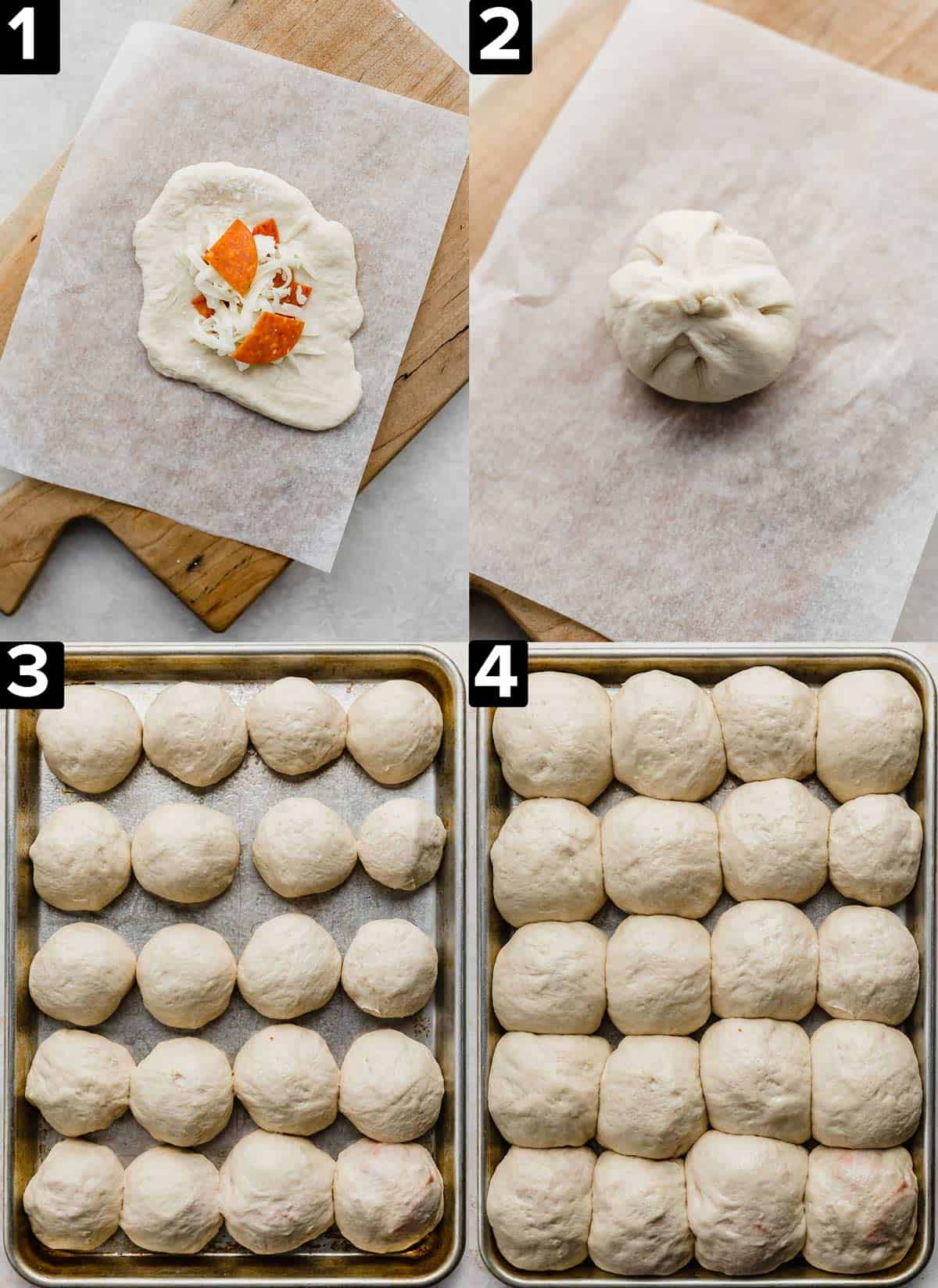 Four images showing how to roll up pizza rolls using pizza dough, bottom two photos is a photo of a baking sheet filled with unbaked Pizza Rolls.
