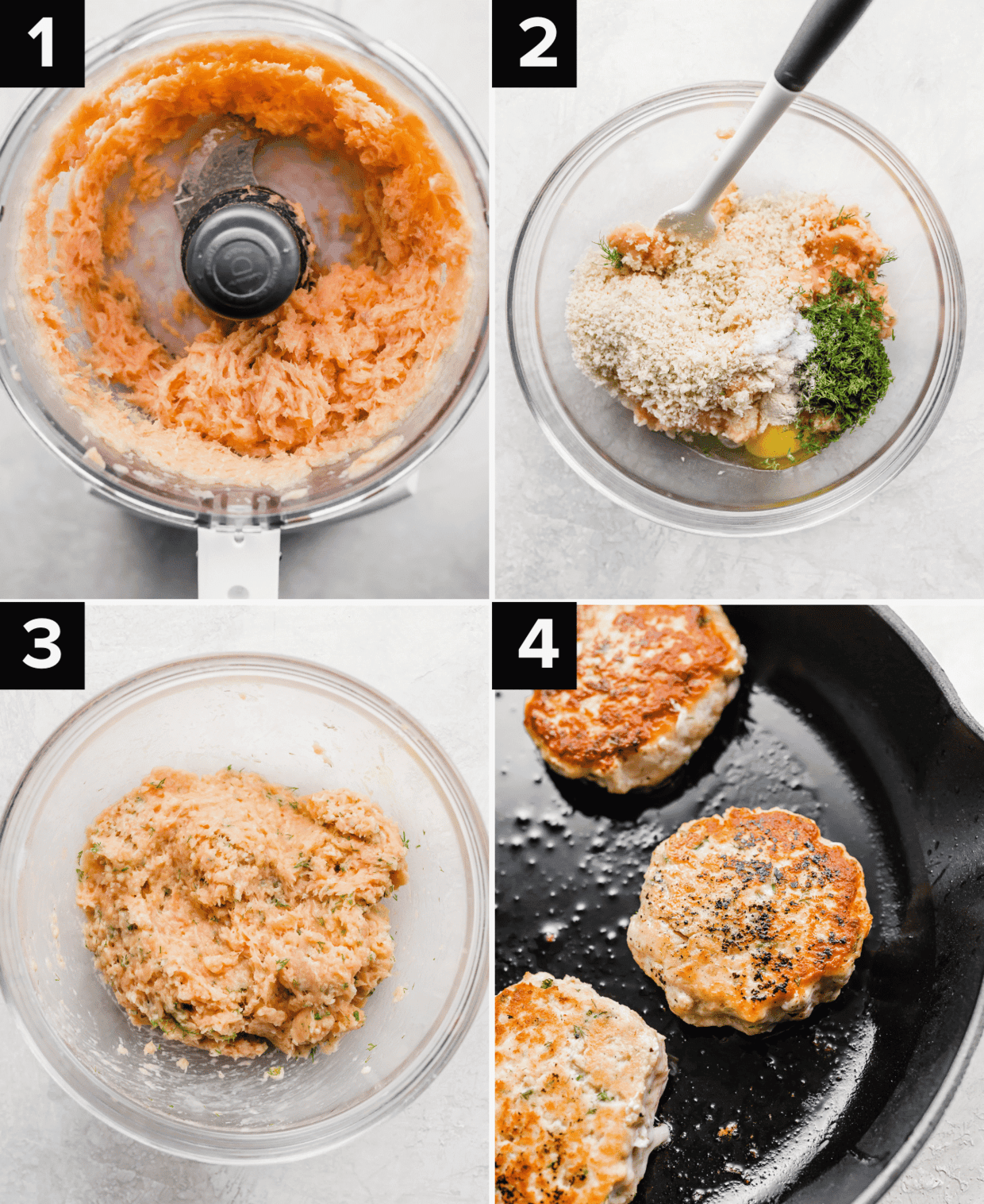 Four images showing how to make Salmon Burgers; top left is raw salmon in a food processor, top right is seasonings and salmon in a glass bowls, bottom left is Salmon Burger Patty mixture in a glass bowl, bottom right is salmon burger patties cooking in a black skillet.