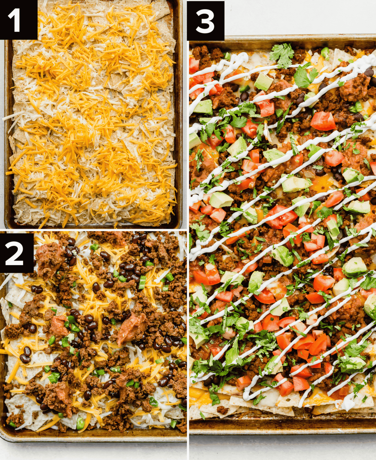 Three images showing how to make baked nachos with beef and lots of cheese, top left image is cheese over chips, bottom left is ground beef covered nachos, and right image is baked sheet pan nachos with toppings.