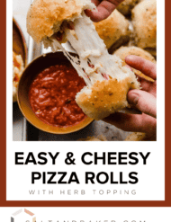 A cheesy pizza roll being pulled apart with the words, "easy and cheesy pizza rolls with herb topping" written in black text below the photo.