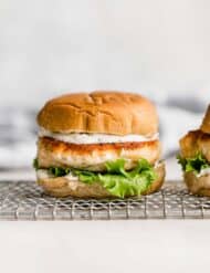 Salmon Burgers with dill sauce on a bun against a white background.