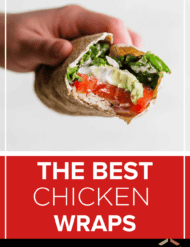 A hand holding a chicken wrap with spinach, avocado, and tomato in the wrap with the words, "the best chicken wraps" written in white text beneath the image.