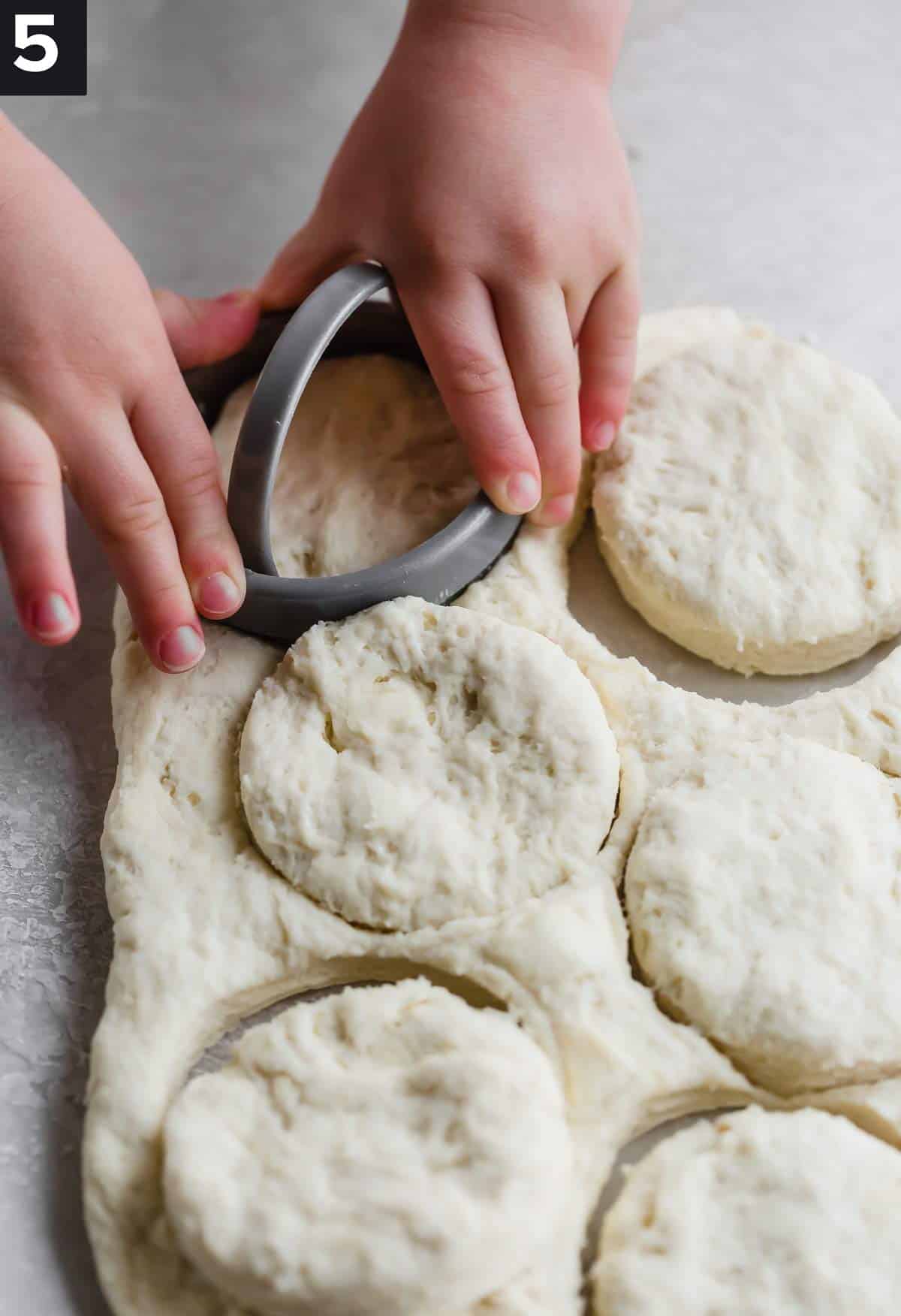 Small hands using a biscuit cutter to cut round biscuits from dough.