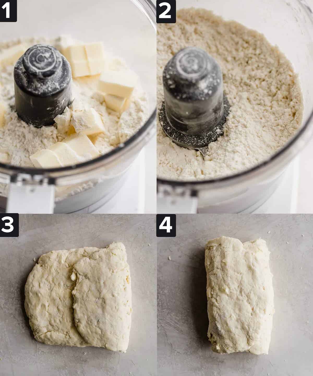 Four images showing how to make food processor buttermilk biscuits.