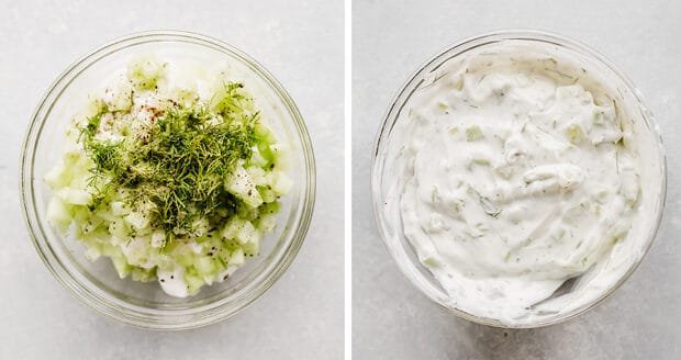 Two side by side photos of tzatziki sauce.