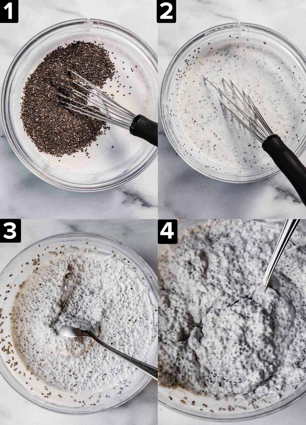 Four images showing how to make coconut chia pudding with coconut milk, all featuring a class bowl on a white marble slab.