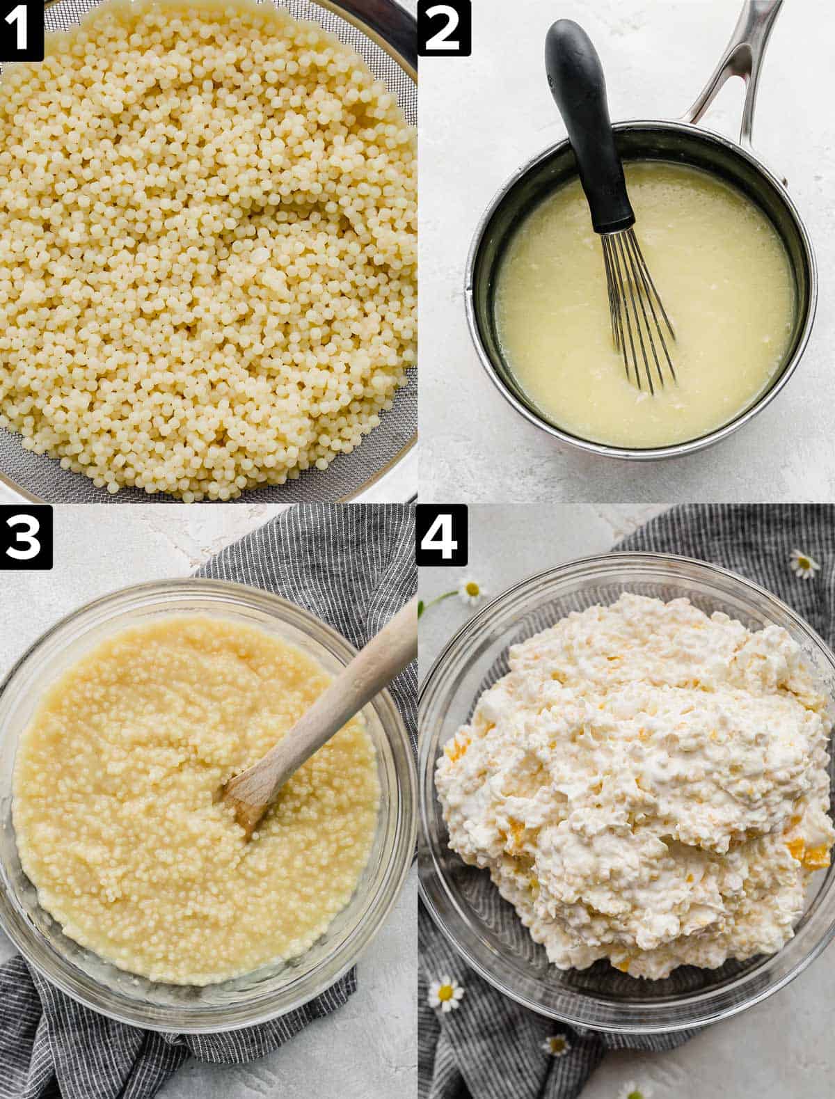 Four images showing how to make Acini di Pepe Salad, or frog eye salad, using a homemade pineapple fruit juice and cool whip.