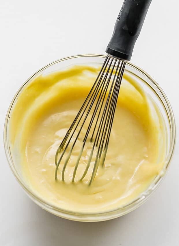 A bowl of homemade honey mustard mayo.