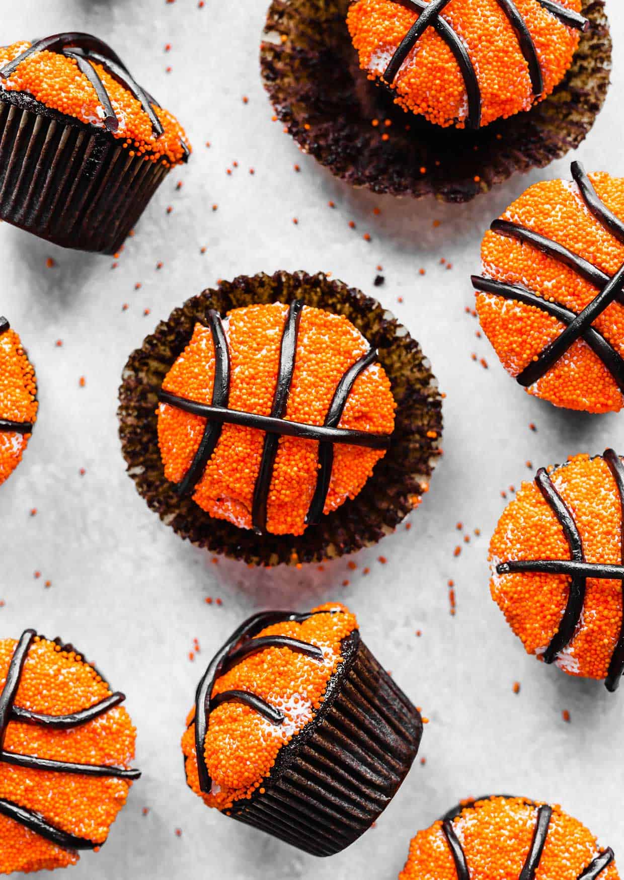 Basketball Cupcakes on a grey background. 