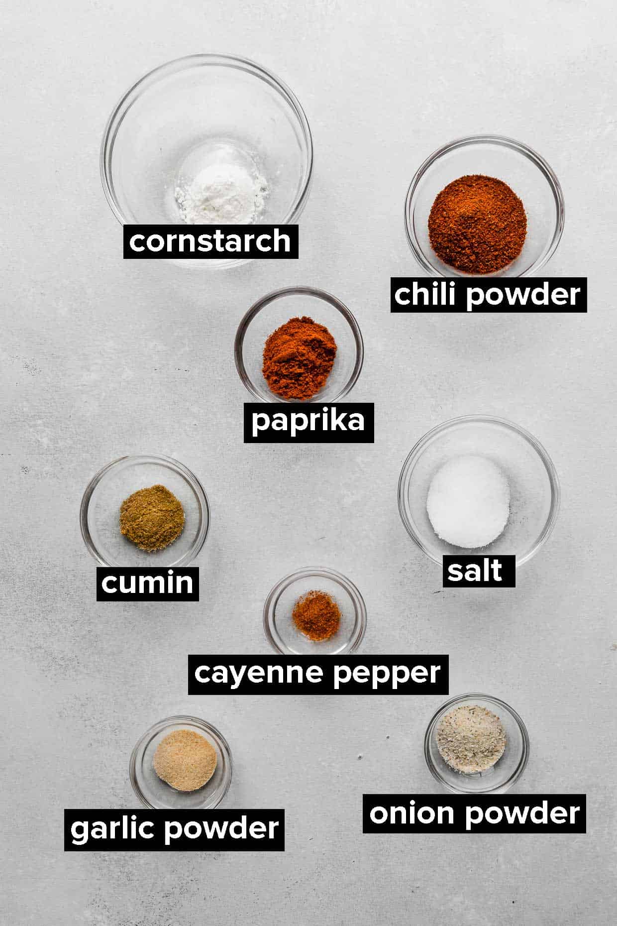 Ingredients used to make homemade fajita seasoning.