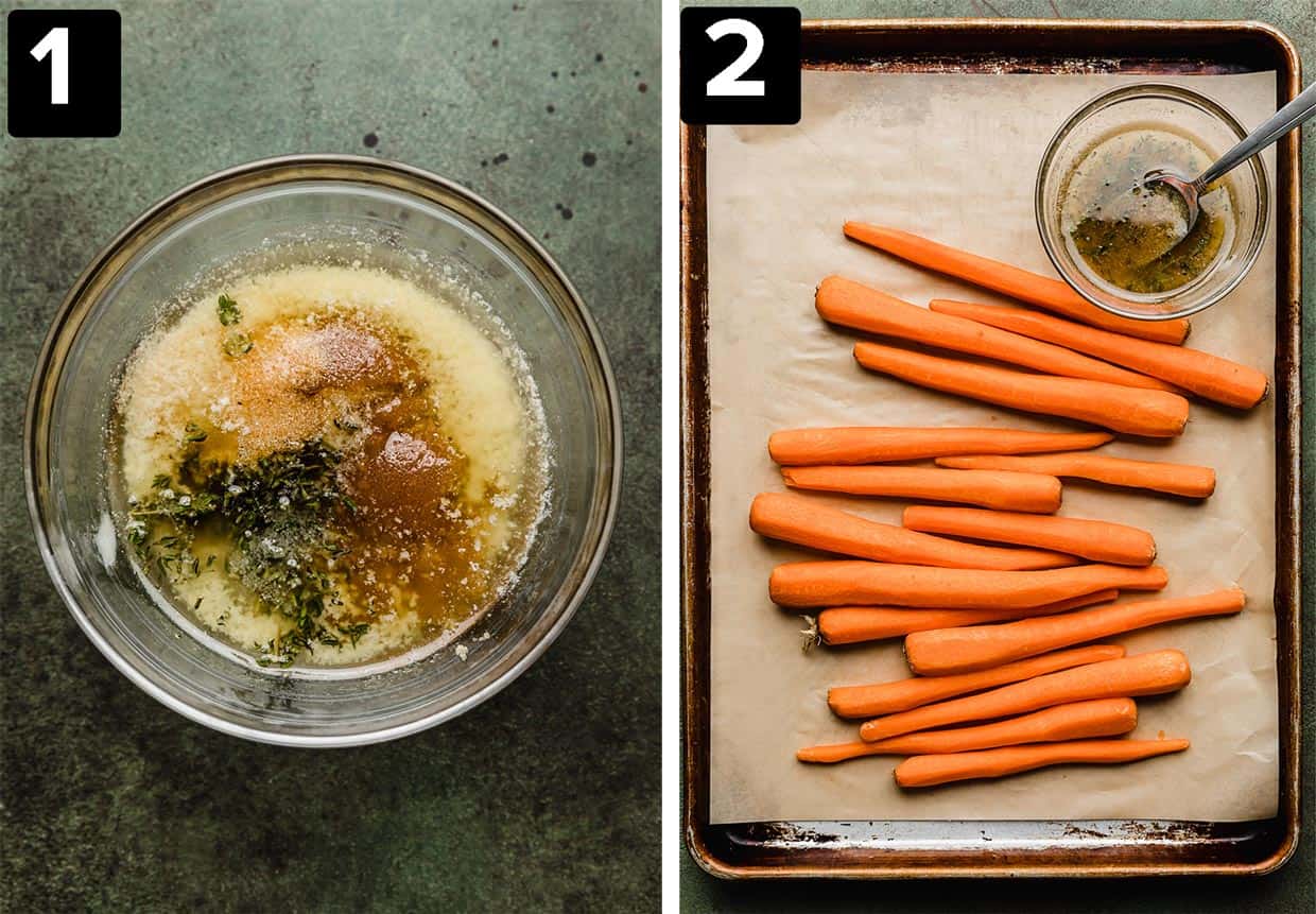 Two photos: left has a Brown Sugar Roasted Carrots butter and thyme mixture in a bowl, right has peeled long carrots on a baking sheet.