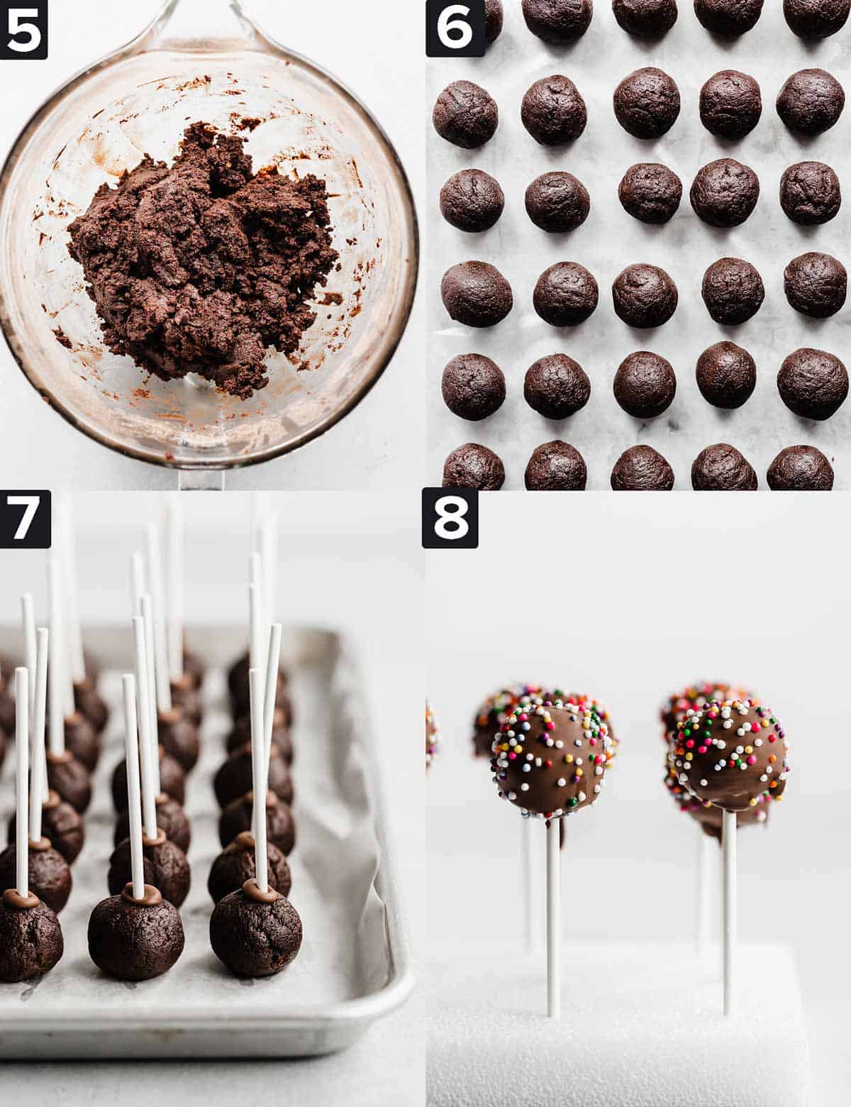 Four images showing how to make Chocolate Cake Pops.