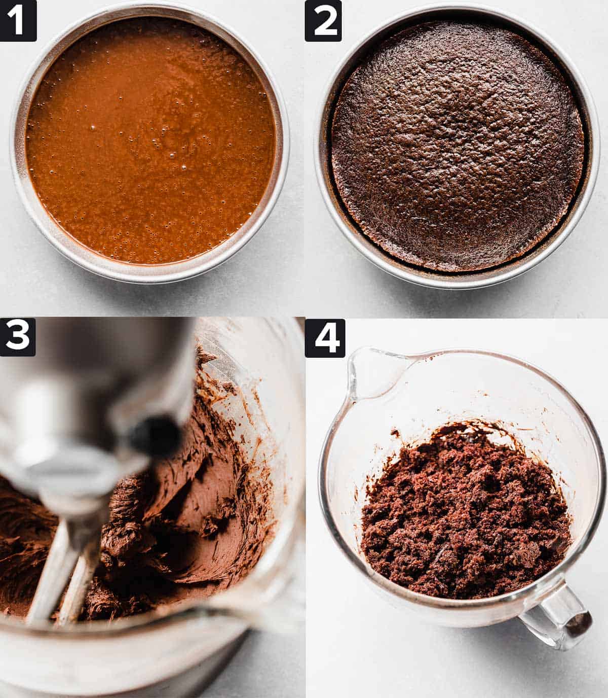 Four images showing how to make Chocolate Cake Pops: top two images show a circle cake pan filled with batter, then baked, bottom images show making of frosting and a glass bowl with crumbled cake in it.