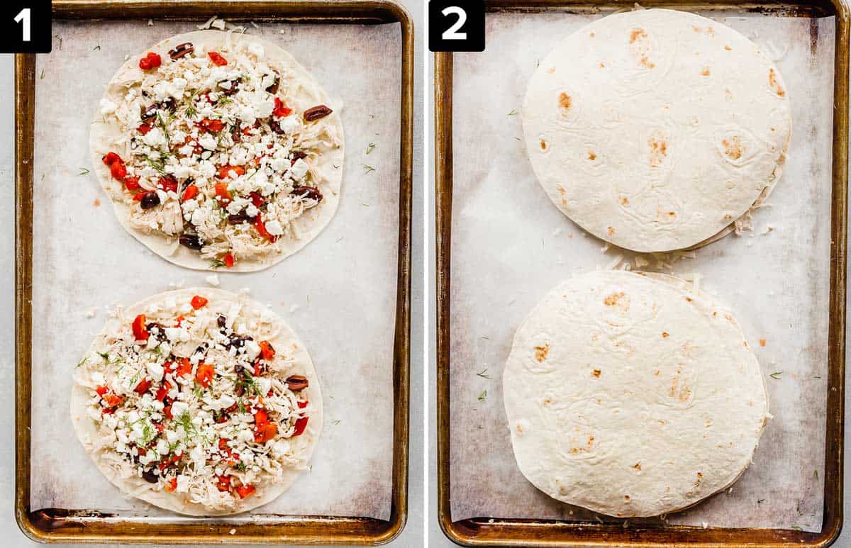 Left image is two tortillas topped with greek quesadilla ingredients (cheese, Kalamata olives, roasted red peppers, feta). Right image is two Greek Quesadillas topped with unbaked flour tortilla.