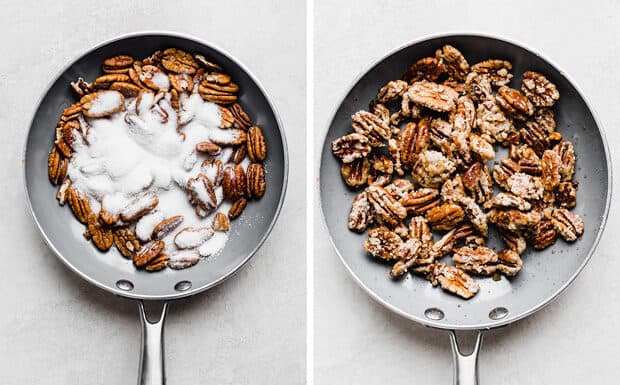 Sugar and pecans in a skillet.