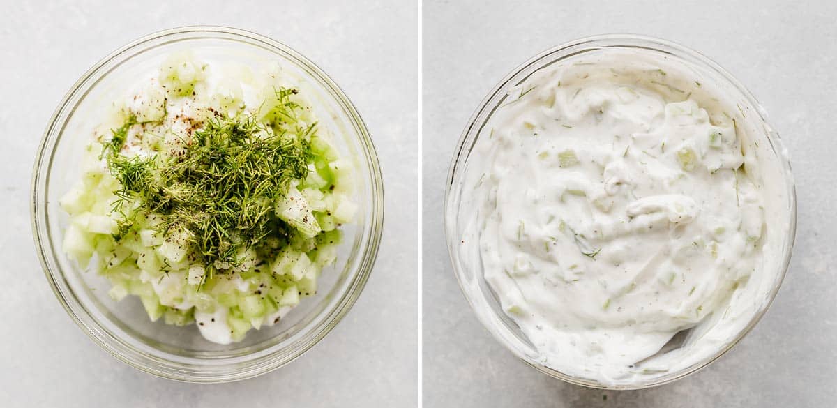 Two photos, left photo is of A glass bowl with greek yogurt, cucumber, and dill in it. Right photo shows mixed tzatziki in a glass bowl.