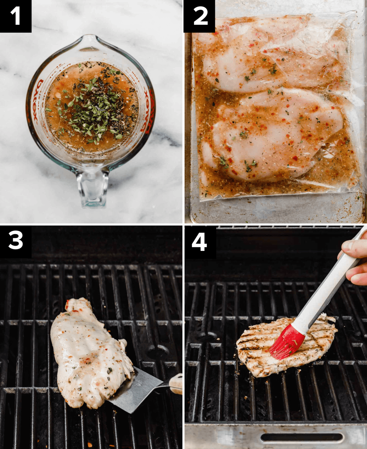Four photos showing how to make Italian Grilled Chicken, top left image is Italian dressing and seasoning in a glass cup, top right image is chicken and Italian chicken marinade in a ziplock bag, bottom left is chicken on a grill, bottom right image is a basting brush basting a chicken breast.