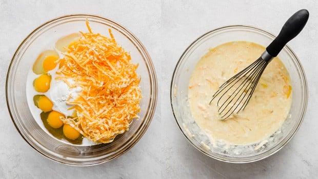 A glass bowl full of whisked eggs, cheddar cheese, milk, and sour cream.