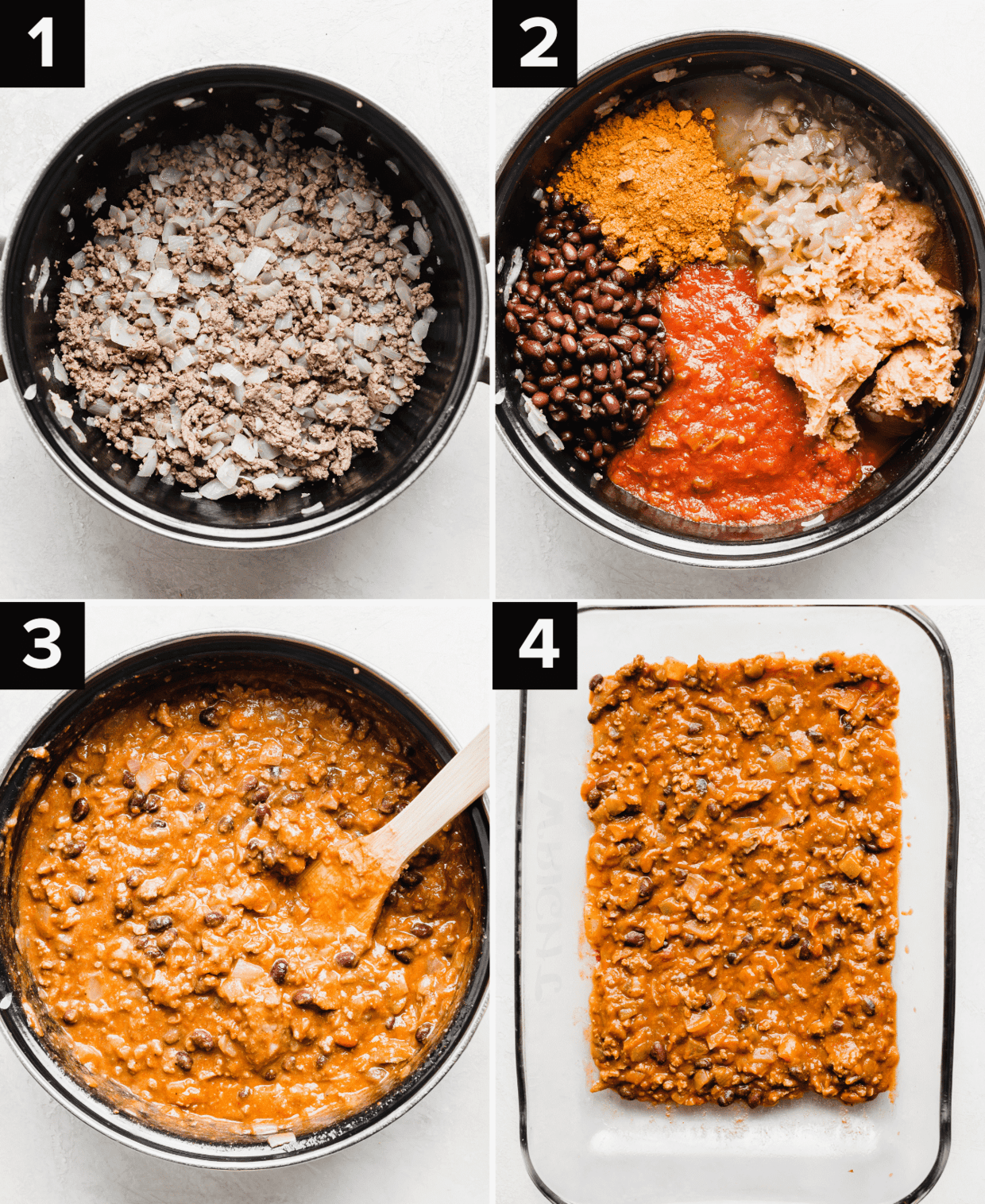Four images showing how to make Mexican Lasagna using a meat sauce with beans.