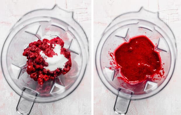 A blender full of frozen raspberries and sugar.