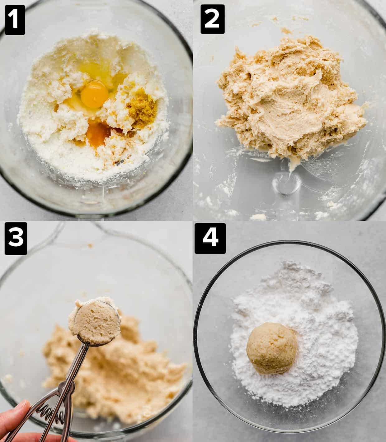 A four photo collage of making lemon cookies.