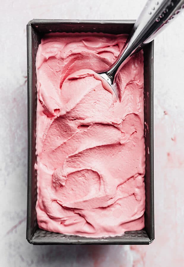 A square pan full of Raspberry Ice Cream.