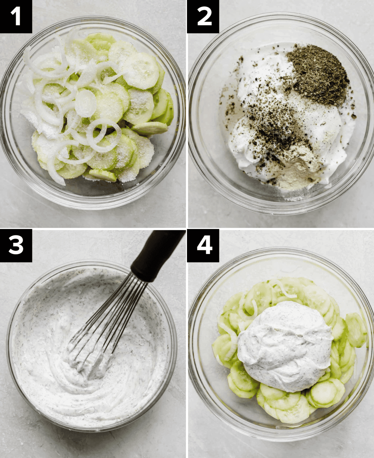 Four images showing the making of Creamy Cucumber Salad, a glass bowl on a light gray background with sliced cucumbers and a creamy dressing being added.