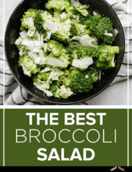 A black bowl filled with Broccoli Caesar Salad with the words, "the best broccoli salad" written in white text beneath the photo.