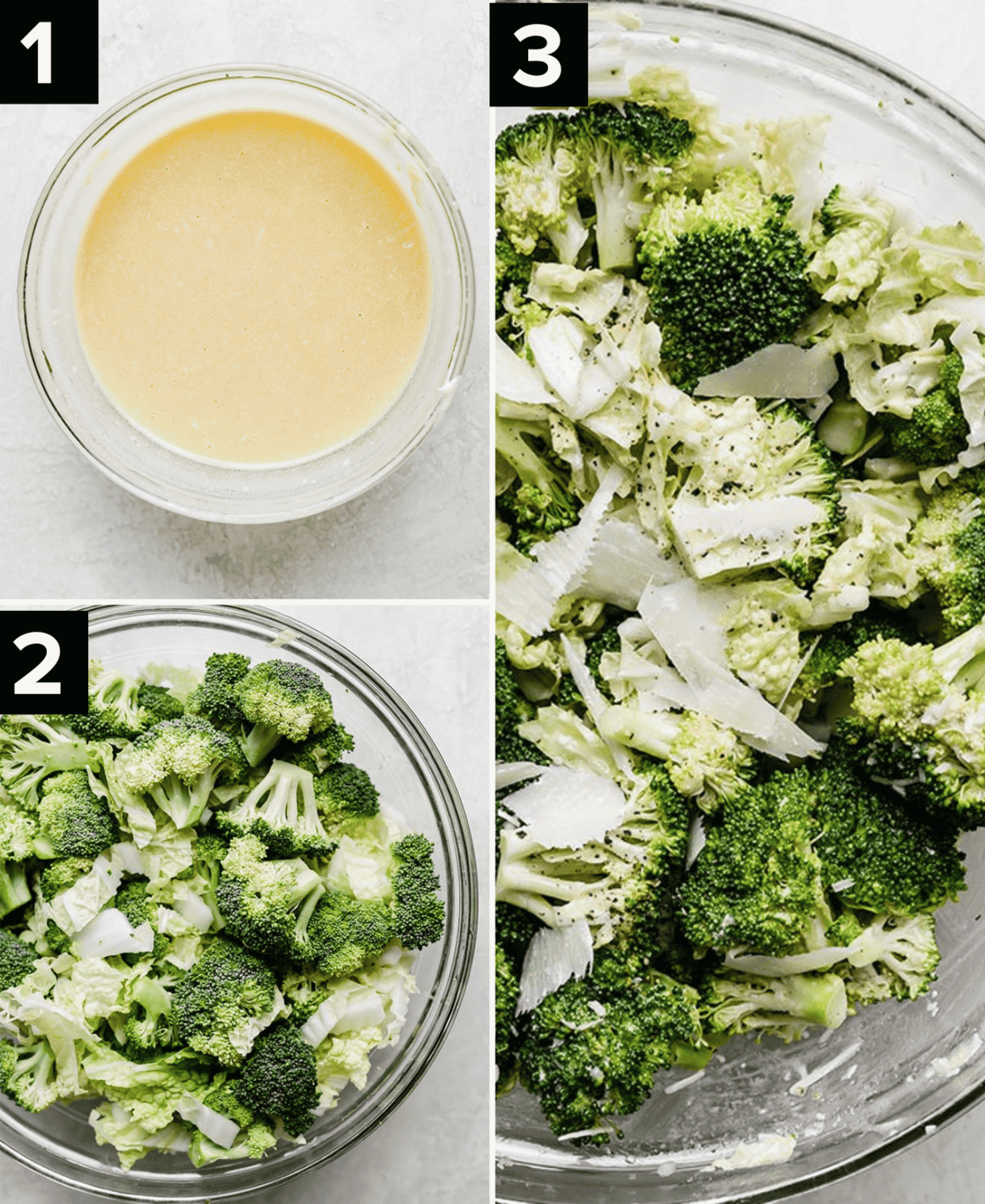 Three images showing a homemade caesar dressing that's pale yellow color in a glass bowl, then a bowl with broccoli and shaved cabbage, and another bowl with mixed Broccoli Caesar Salad in it.