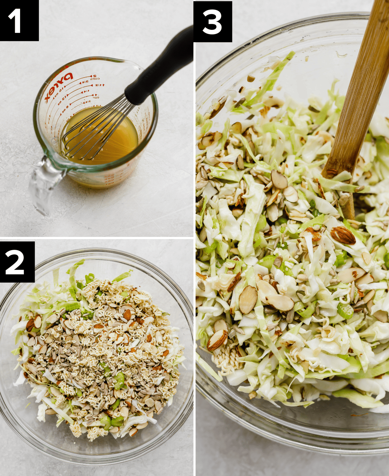Three images showing how to make cabbage salad, top left image is cabbage salad dressing in a glass measuring cup, bottom left is ramen over a bed of chopped cabbage, right image is mixed Crunchy Cabbage Salad in a glass bowl.