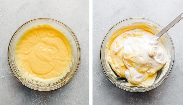 Two side by side photos: Left photo shows a glass bowl with vanilla pudding in it. The right photo is of a spatula mixing cool whip into the vanilla pudding.