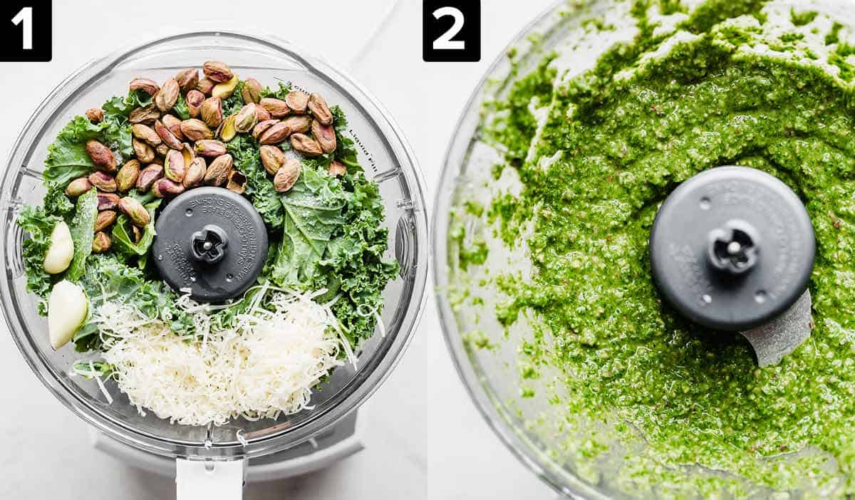 Two images: left image is a food process filled with kale, cheese, pistachios, olive oil. Right photo is kale pesto in a food process blended smooth.