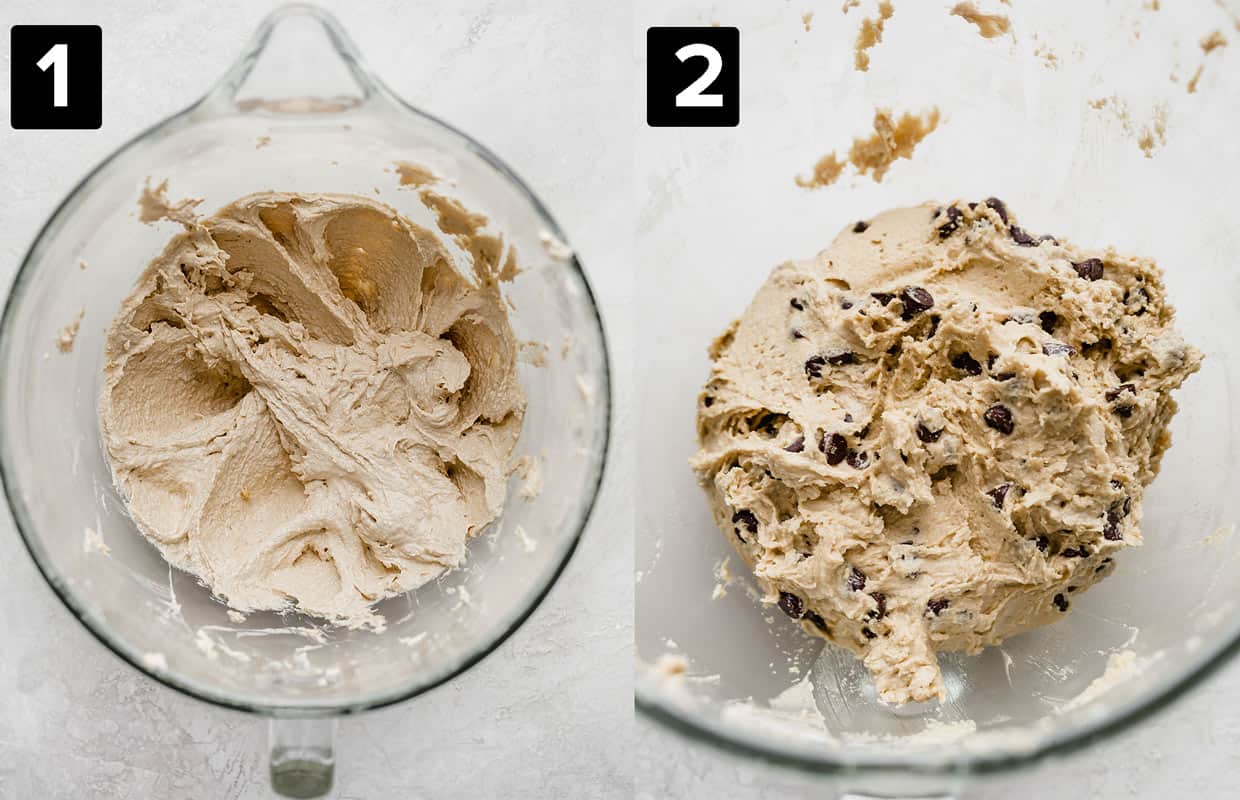 Two photos: left is Tahini Chocolate chip cookie dough without chocolate chips, right photos has chocolate chips mixed into tahini chocolate chip cookie dough.