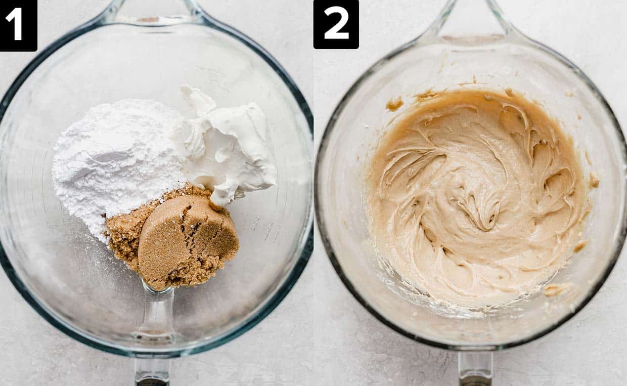 Two images, left image is glass bowl with brown sugar, powdered sugar, and cream cheese in it. Right photo is smooth tan colored Cream Cheese Fruit Dip in glass bowl.