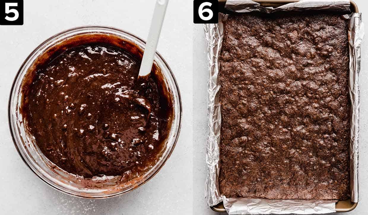 Left image is brownie batter in a glass bowl on a white background, right photo is baked homemade brownies in a baking sheet.