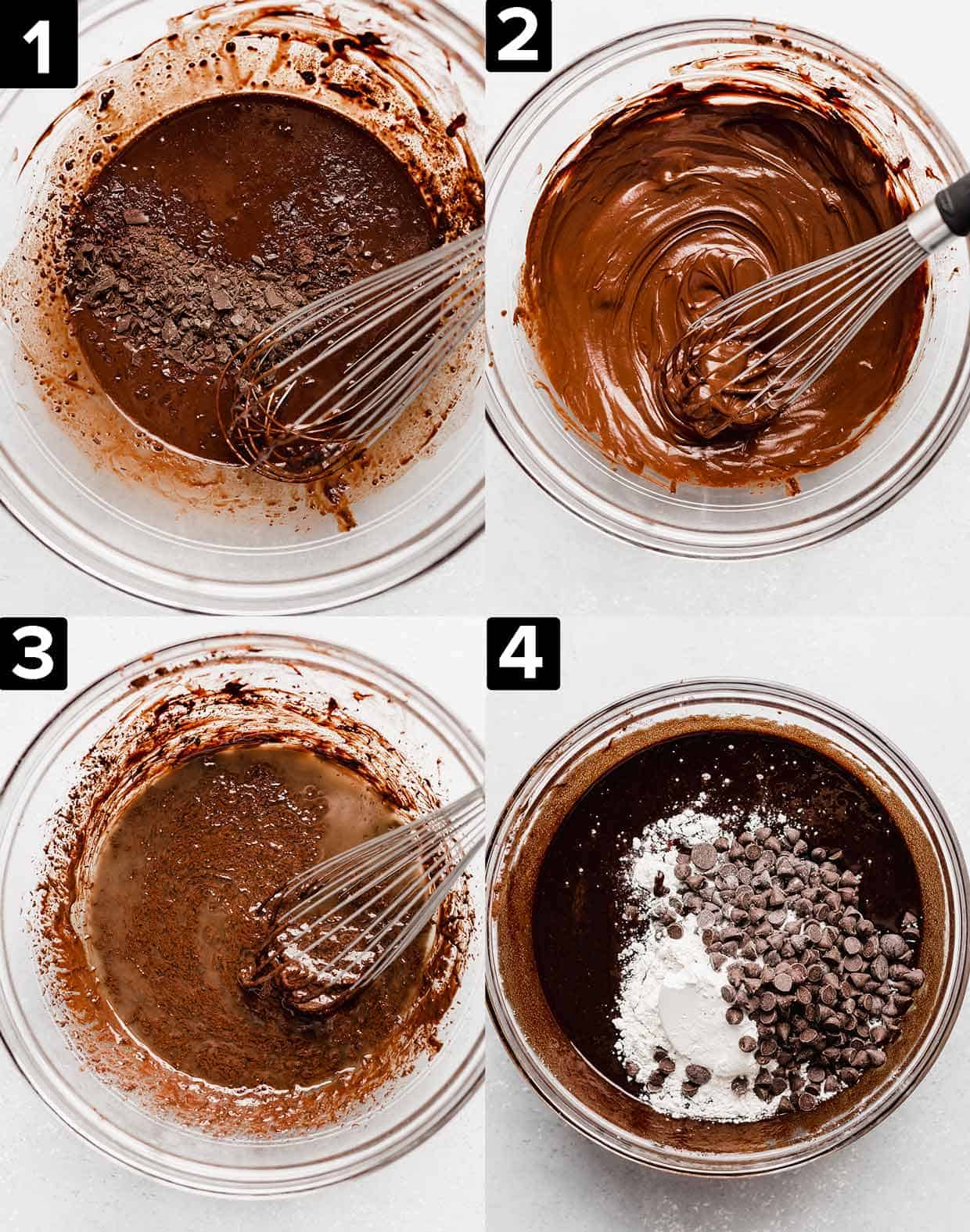 Four images showing how to make homemade brownies: a glass bowl on a white background mixing melted chocolate, with the wet and dry ingredient mix-ins.