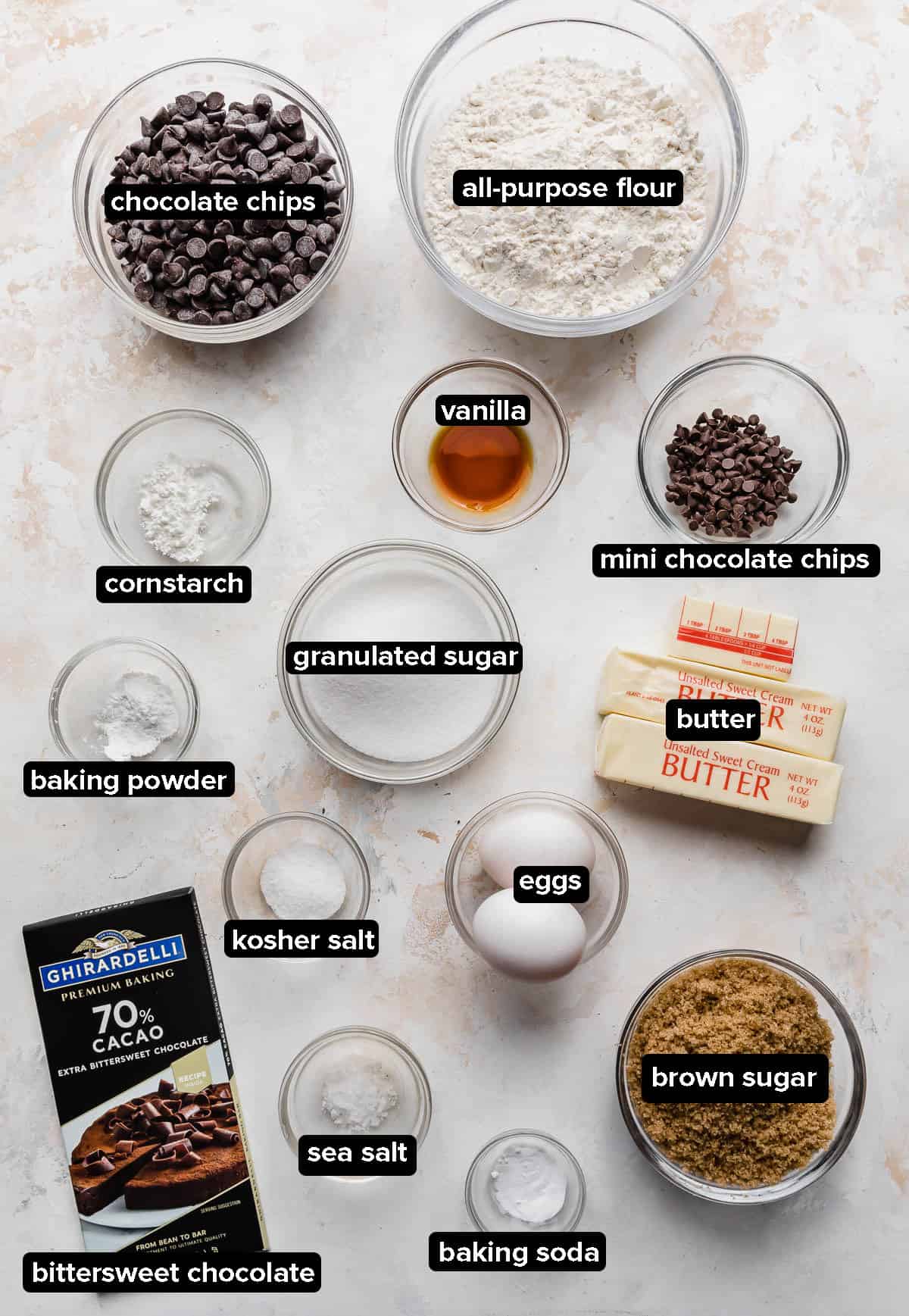 Best Chocolate Chip Cookie ingredients on a gray background.