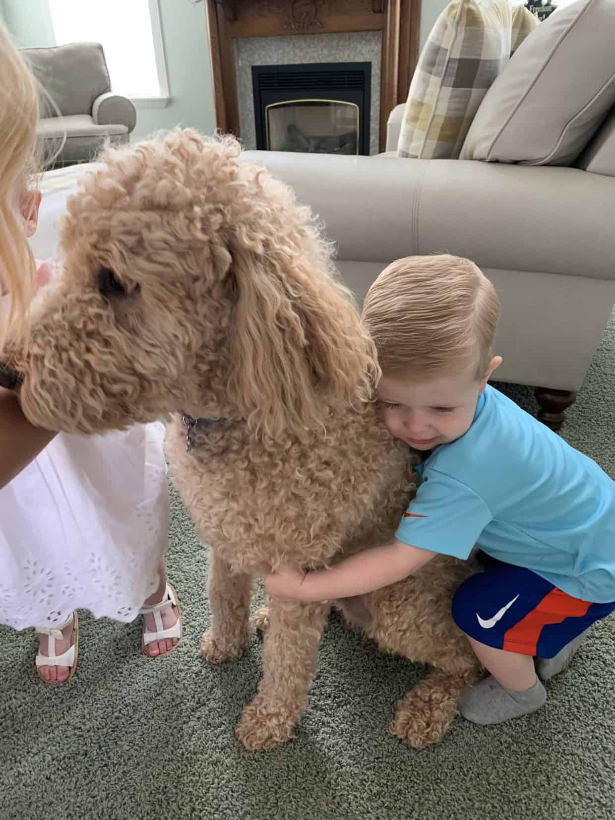 A young boy hugging a dog.