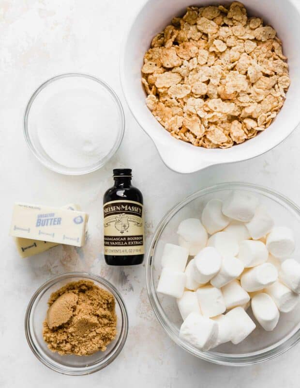 A spread of ingredients used to make Special K cereal treats, on a white background.