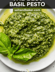 Basil Pesto on a white plate with the words, "the best Basil Pesto" written in white text over the image.
