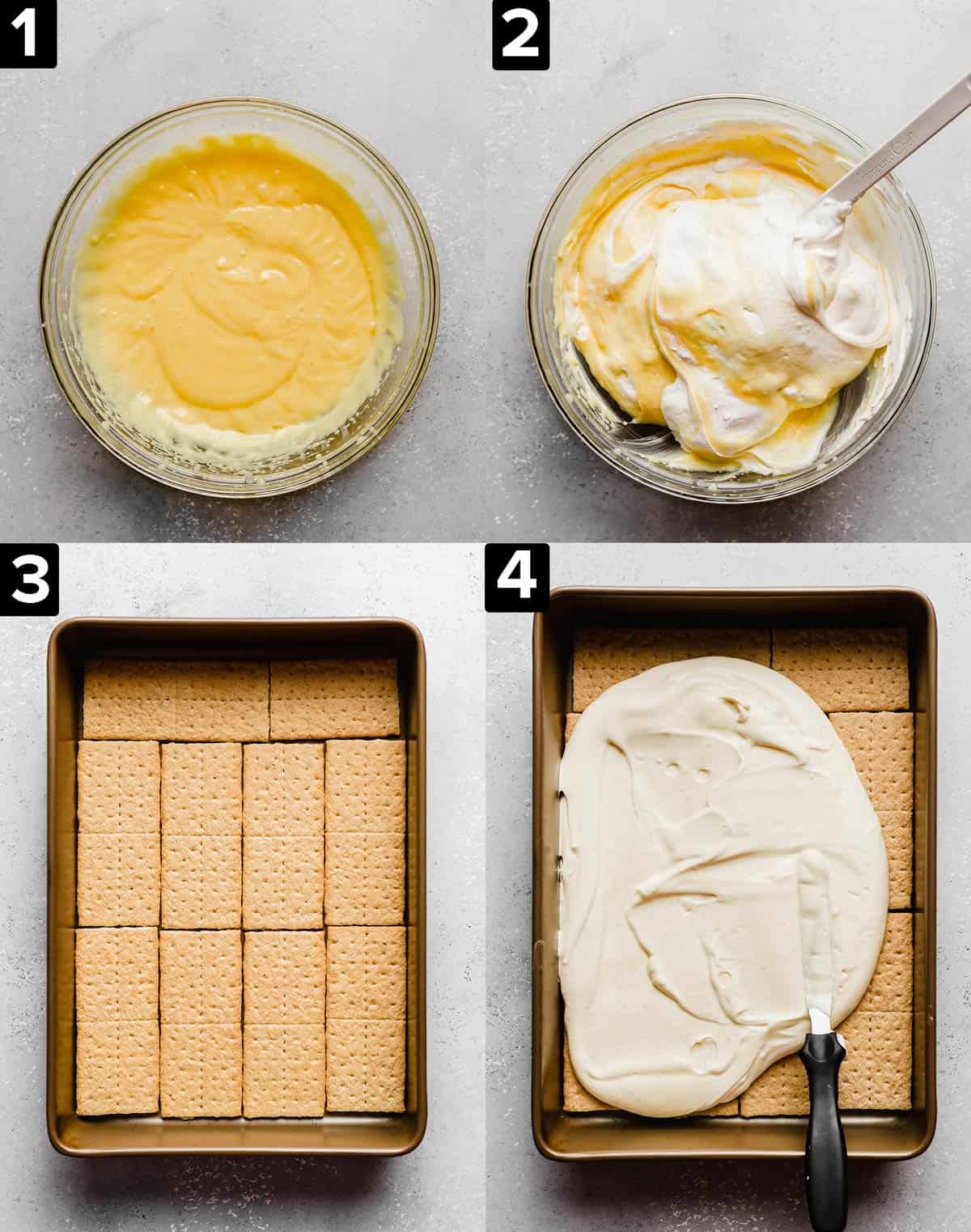 Four images showing how to make Chocolate Eclair Cake using instant pudding and graham crackers.