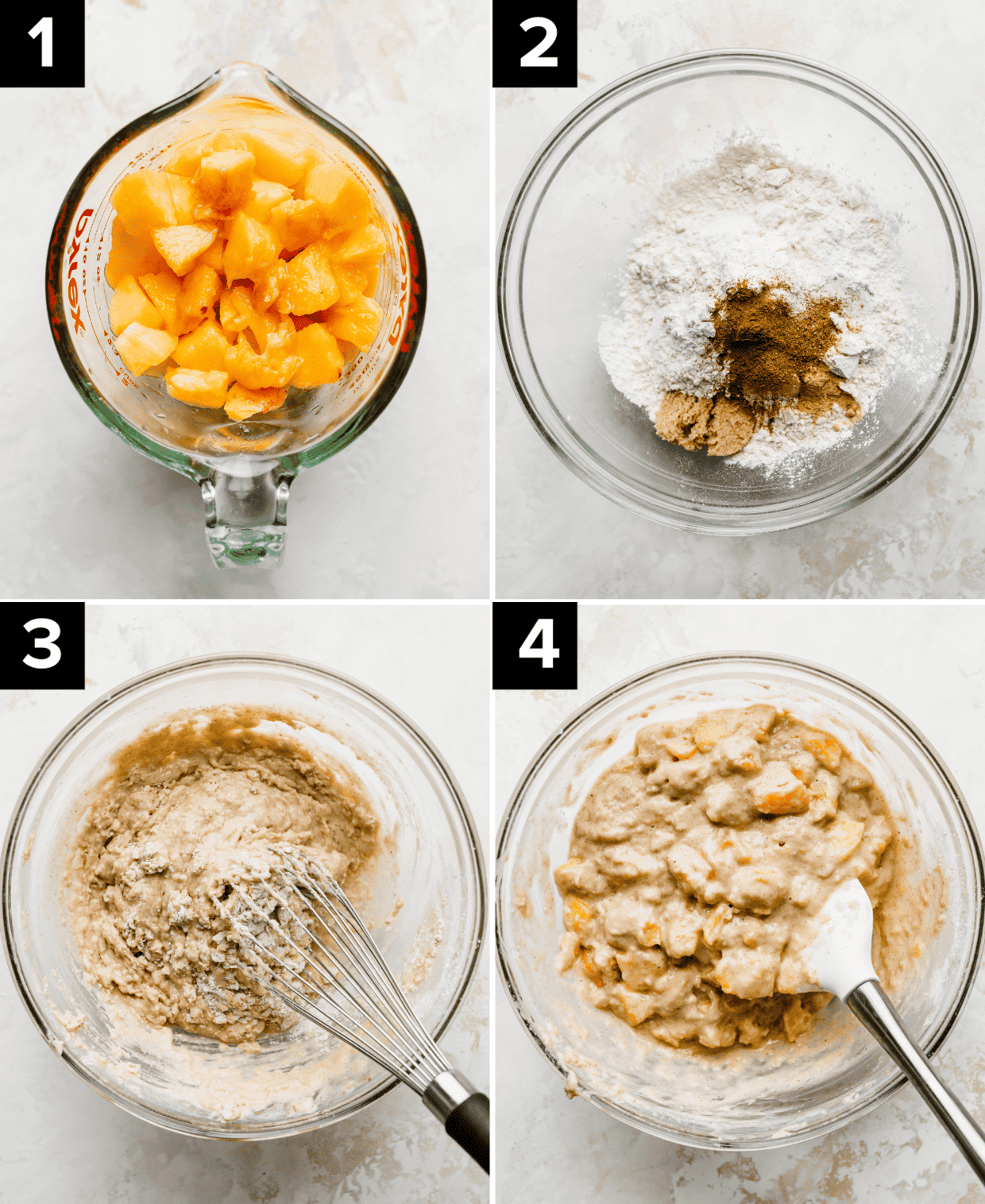 Four images showing how to make Peach Fritters batter in a glass bowl on a white background.