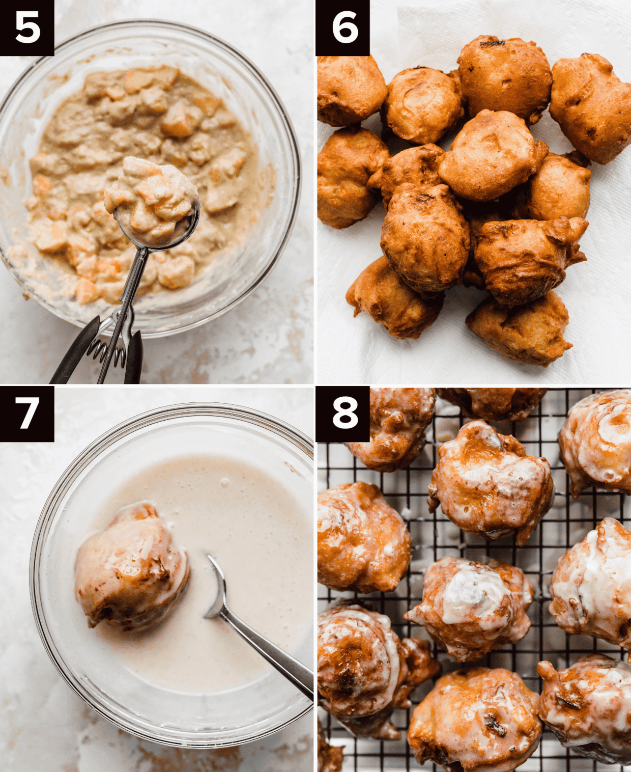 Four images showing how to make Peach Fritters, top left image is peach fritter batter being scooping by a cookie scoop, top right is fried Peach Fritters on paper towel, bottom left is a Peach Fritter in a bowl of white glaze, bottom right is glazed covered Peach Fritters on a cooling rack.