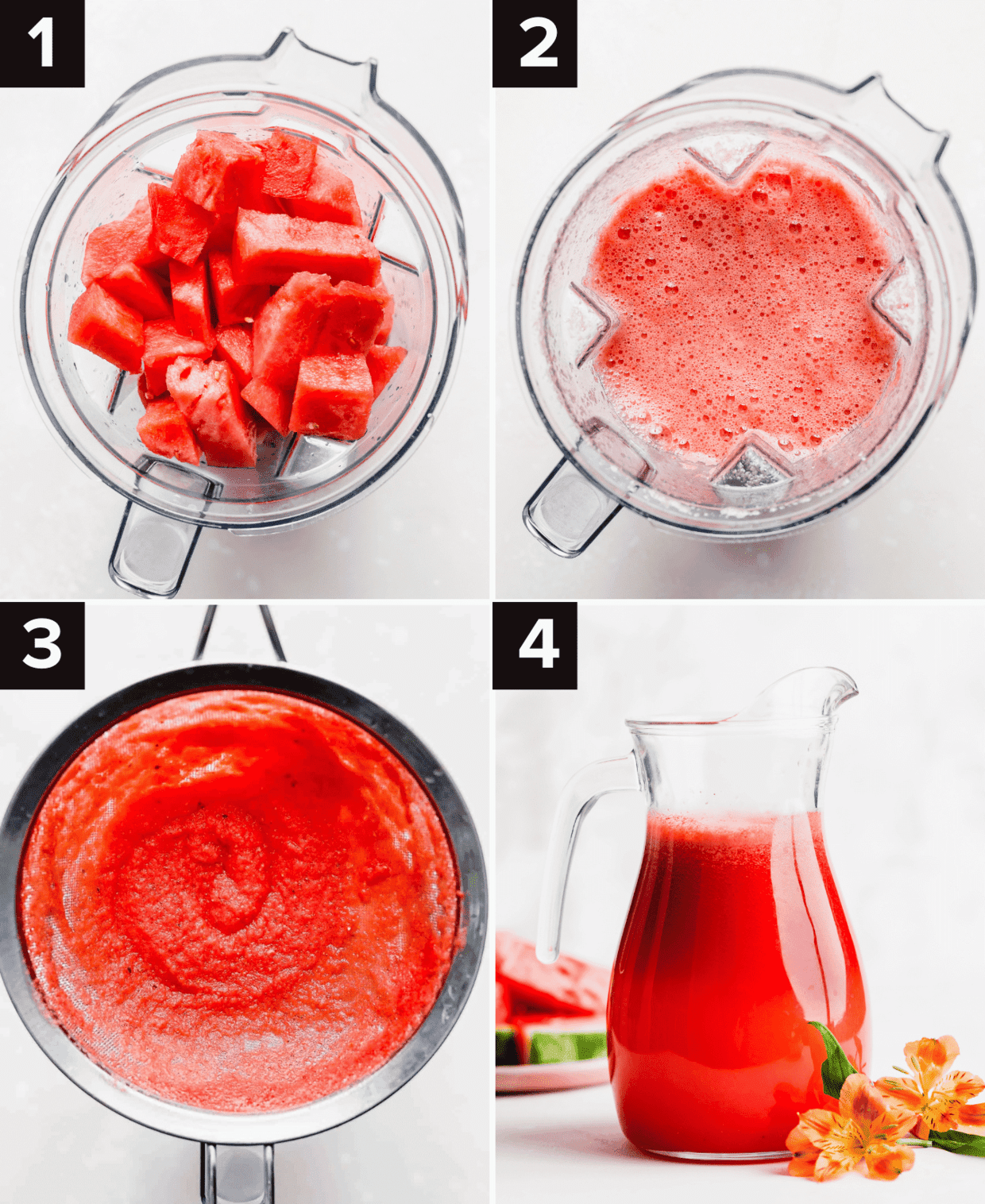 Four images showing how to make Watermelon Juice in a blender, using just watermelon, sugar, and lime juice.