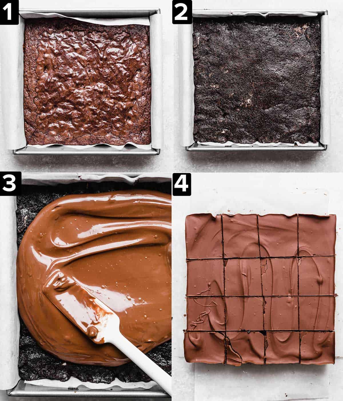 Four photos showing how to make Oreo Truffle Brownies, a square pan filled with brownies then topped with Oreo truffle layer, and melted chocolate spread overtop, and then the brownies cut into squares.