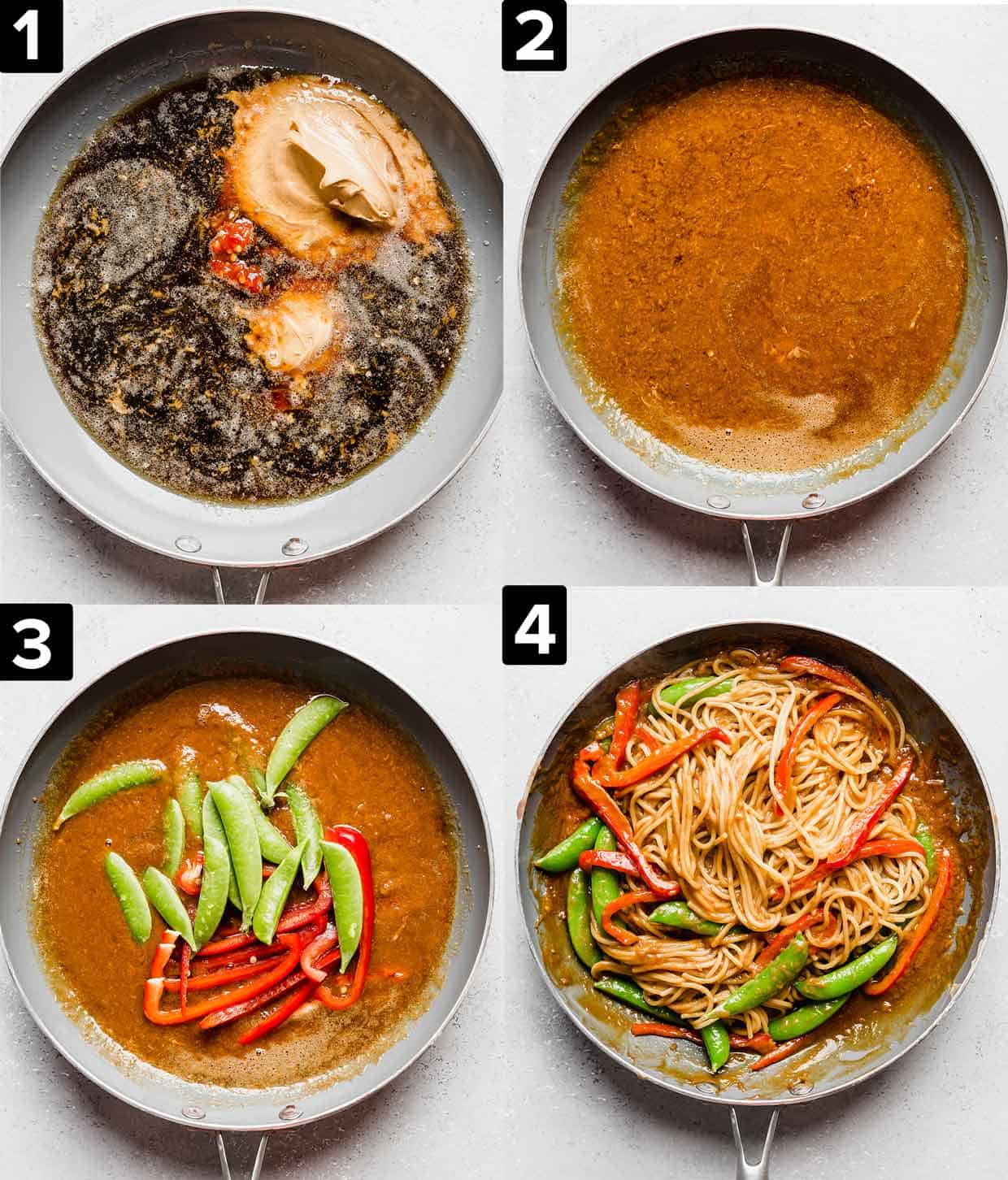 Four images showing the making of peanut butter noodles: a skillet filled with the sauce ingredients, then stirred, and vegetables added in.