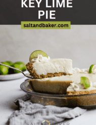 A slice of the best key lime pie against a gray background with the words, "Key Lime Pie" in white text over the photo.
