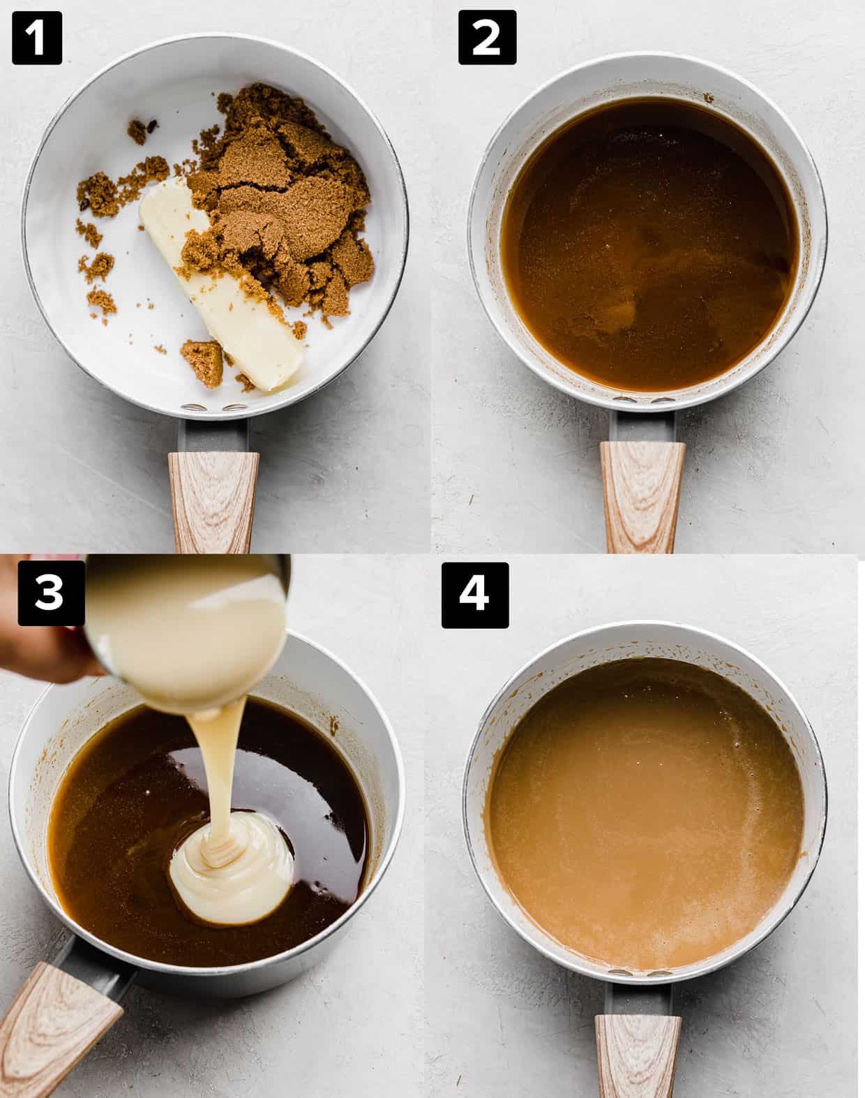Step-by-step photos showing how to make Banoffee Pie toffee.