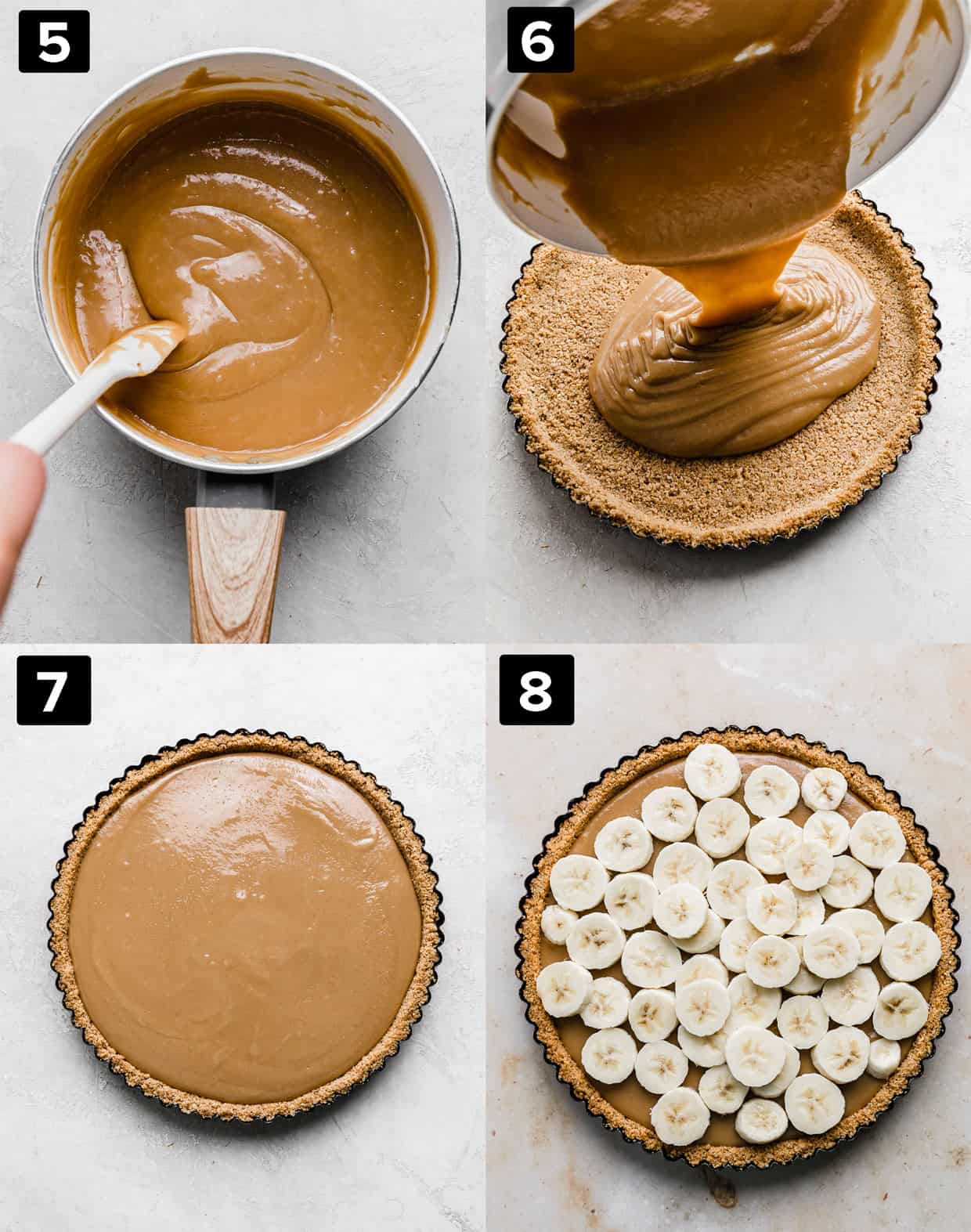 Four photos showing how to make Banoffee Pie toffee.